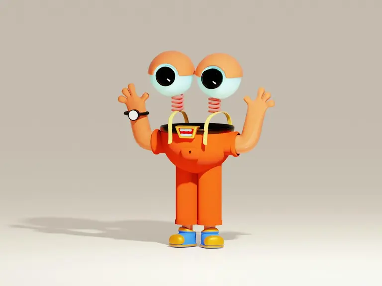 an orange cartoon character with two eyes and a backpack