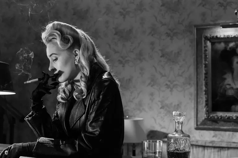 Elegant noir-style portrait of a woman exuding classic mystery and allure.