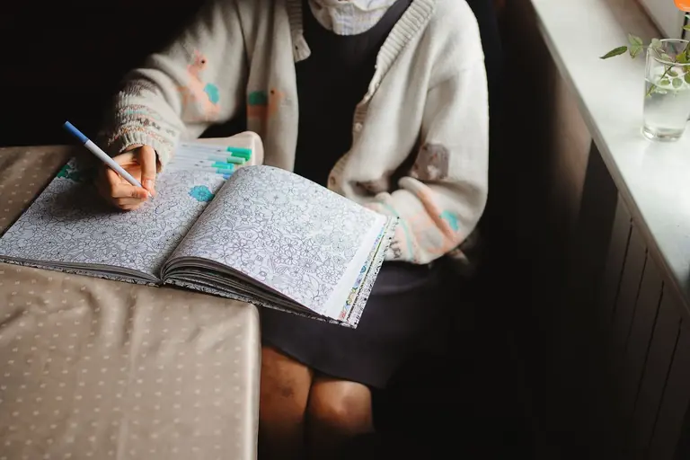 Adult woman coloring intricate designs in a book by a window